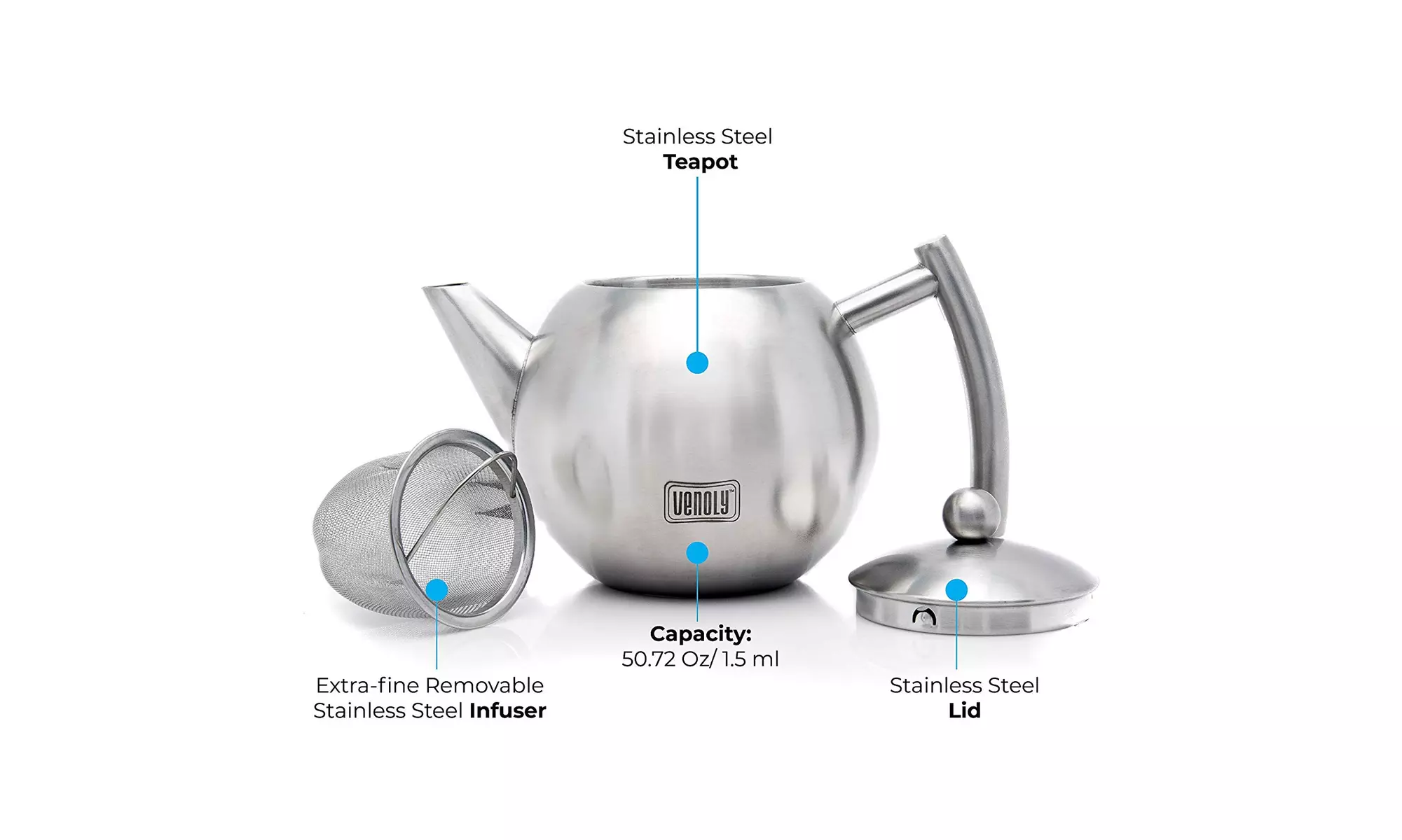 Stainless Steel Tea Pot With Removable Infuser For Loose Leaf and Tea Bags 1.5L - Second Medium