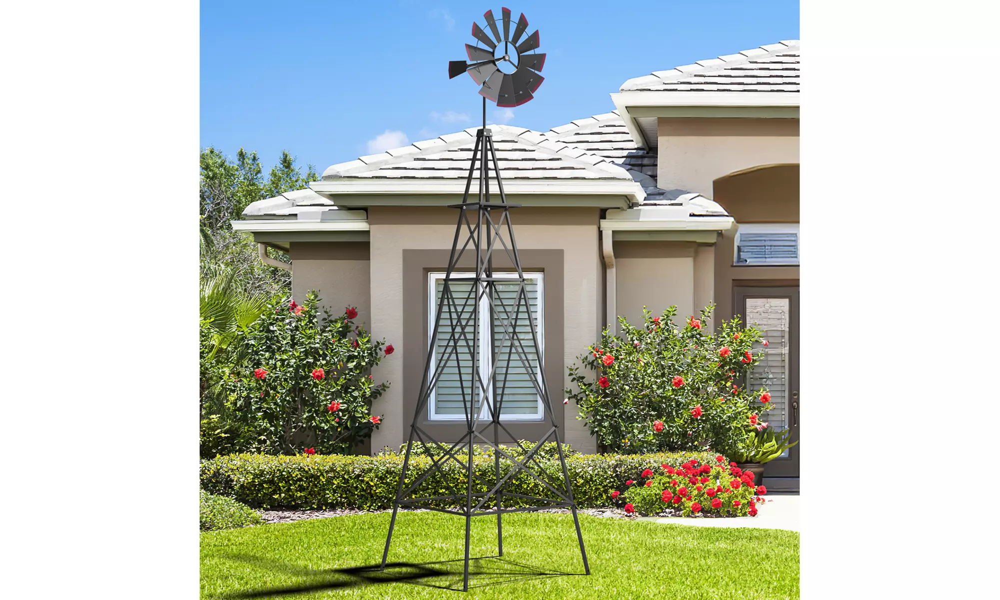 Costway 8Ft Tall Windmill Ornamental Wind Wheel Silver Garden Weather Vane