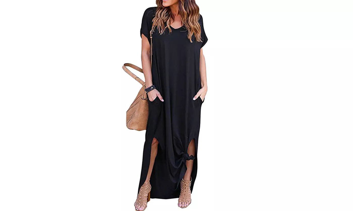 Women's Casual V-Neck Short Sleeve Side Slit Maxi Dress with Pockets