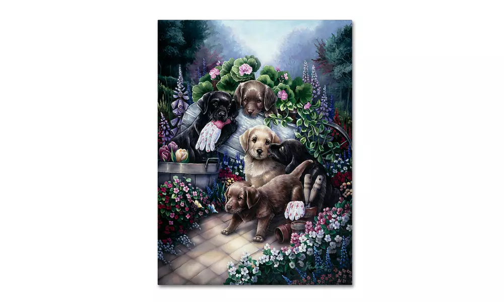 Jenny Newland 'Gardening Puppies' Canvas Art - Primary Image