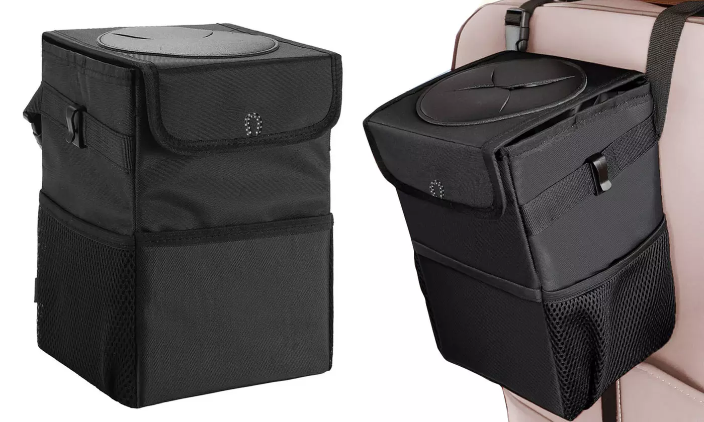 Leak-Proof Hanging Car Trash Can Garbage Can with Lid and Storage Pockets - Primary Image