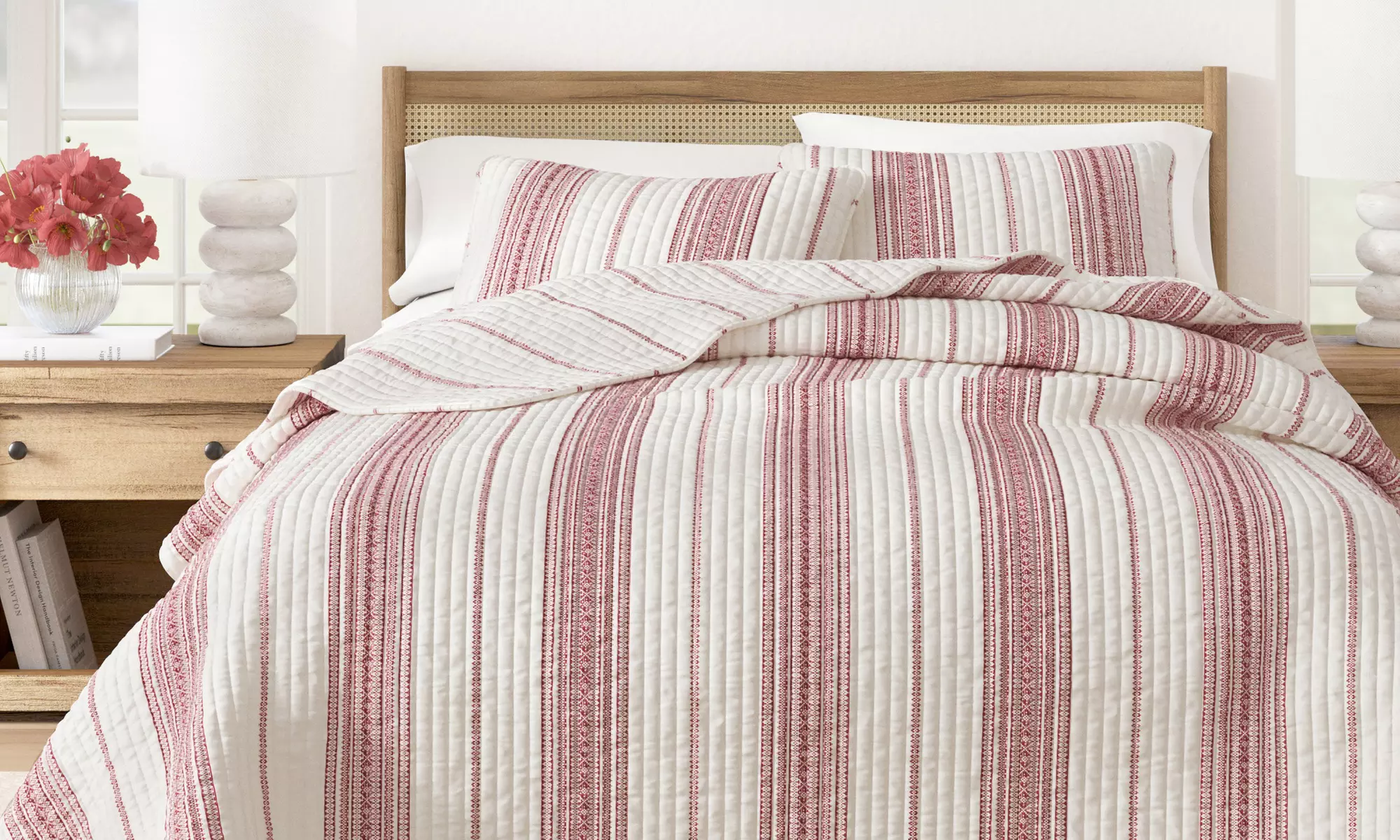 Farmhouse Stripe Microfiber Reversible Quilt Set With Shams