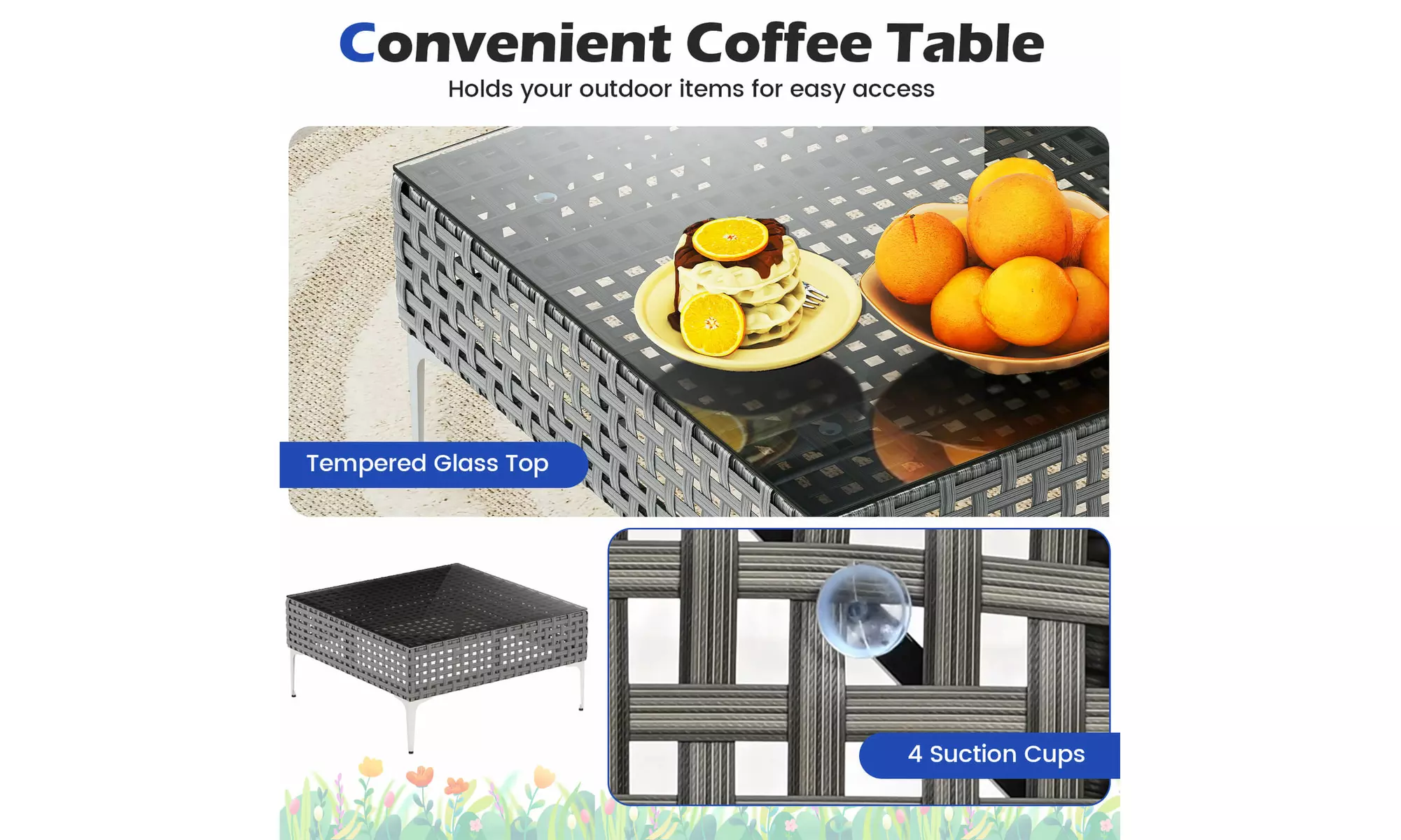 Costway Outdoor Furniture Set with Seat & Back Cushions Coffee Table