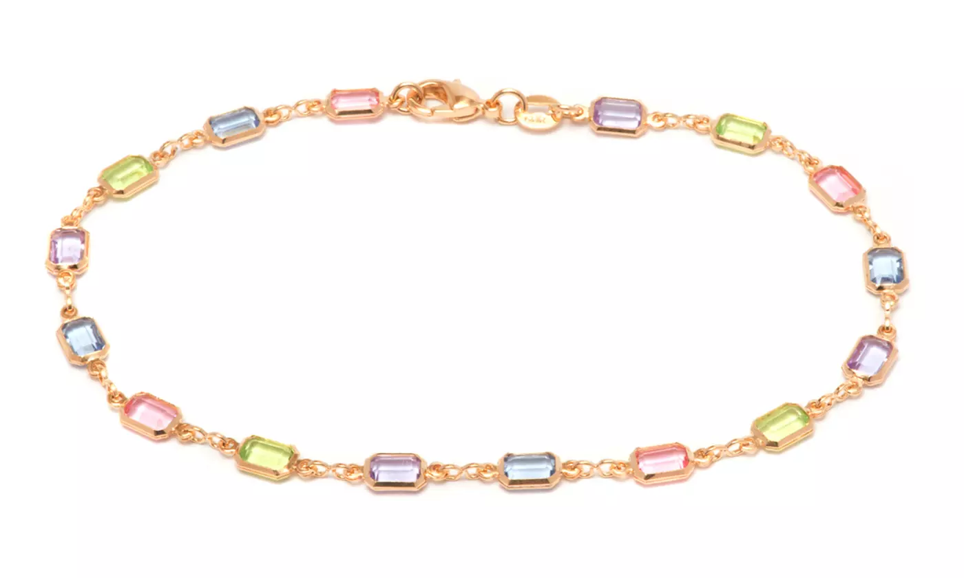 18K Gold Plated and Light Multi Color Crystal Block Ankle Bracelet