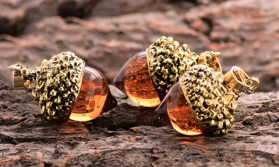 Gold Acorn Amber Necklace 