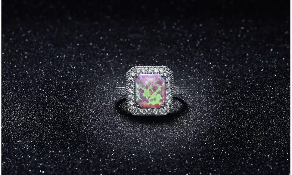 Square Cut Pink Fire Opal Halo Ring in 18k White Gold