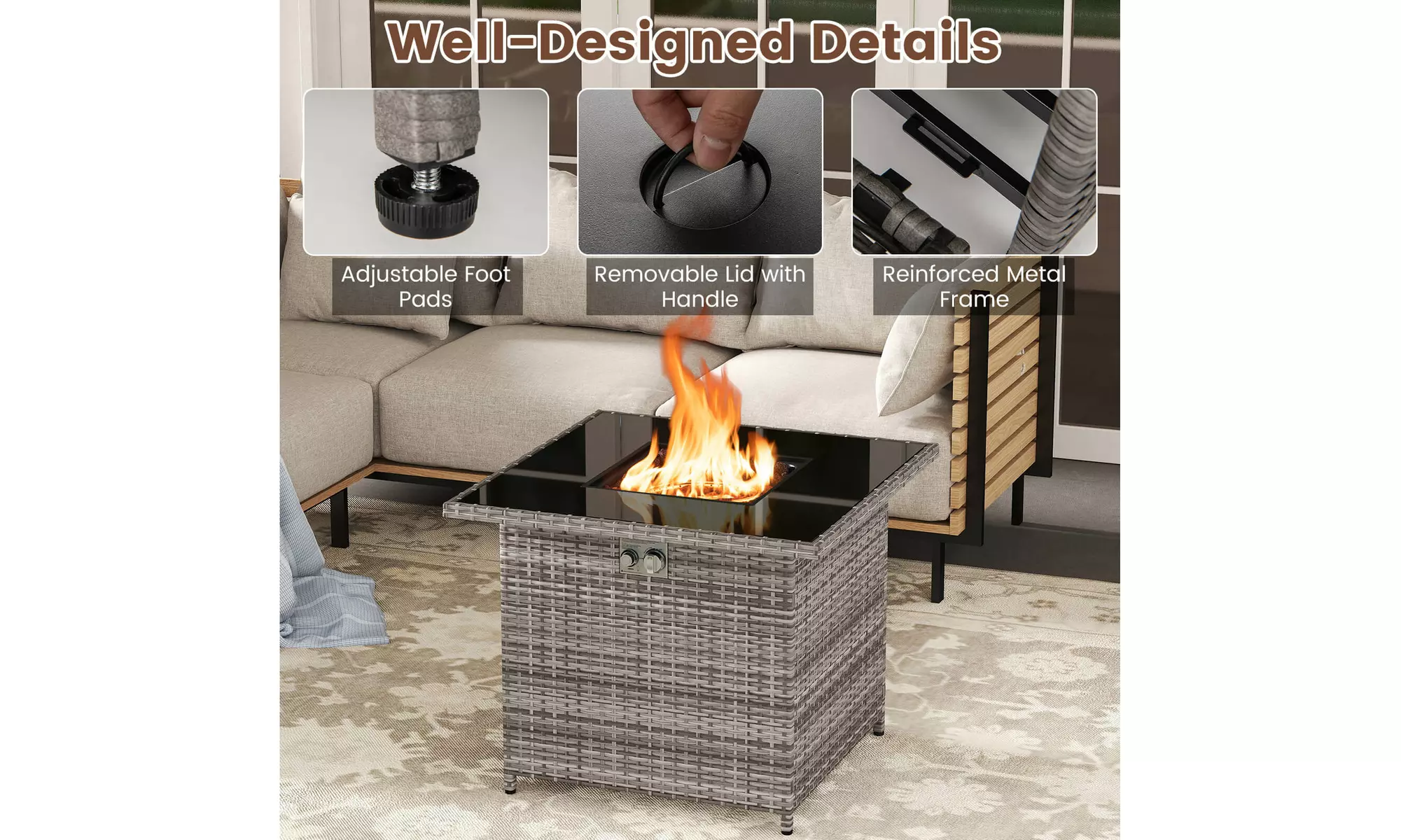 Costway Propane Fire Pit Table with Metal Slatted Tabletop & Steel Burner