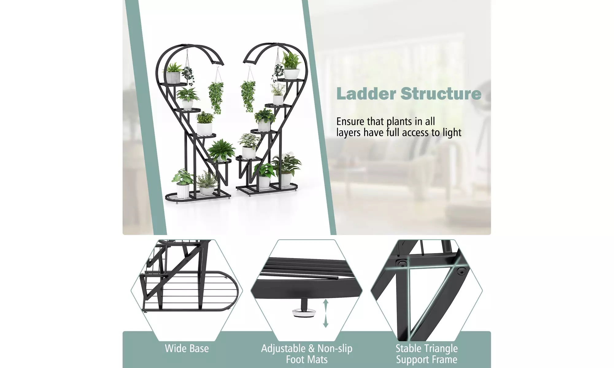 5 Tier Metal Plant Stand Heart-shaped Shelf w/ Hanging Hook for Multiple Plants