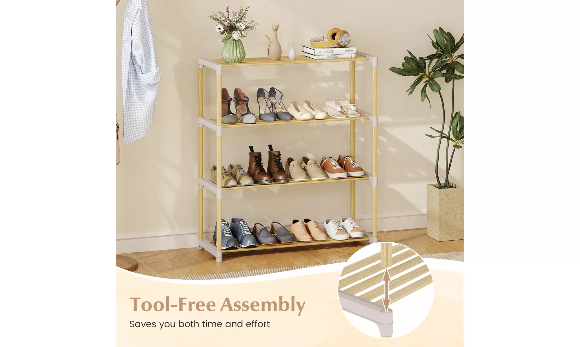 Costway Solid Wood Shoe Shelf Stand with Slatted Open Shelves for Entryway