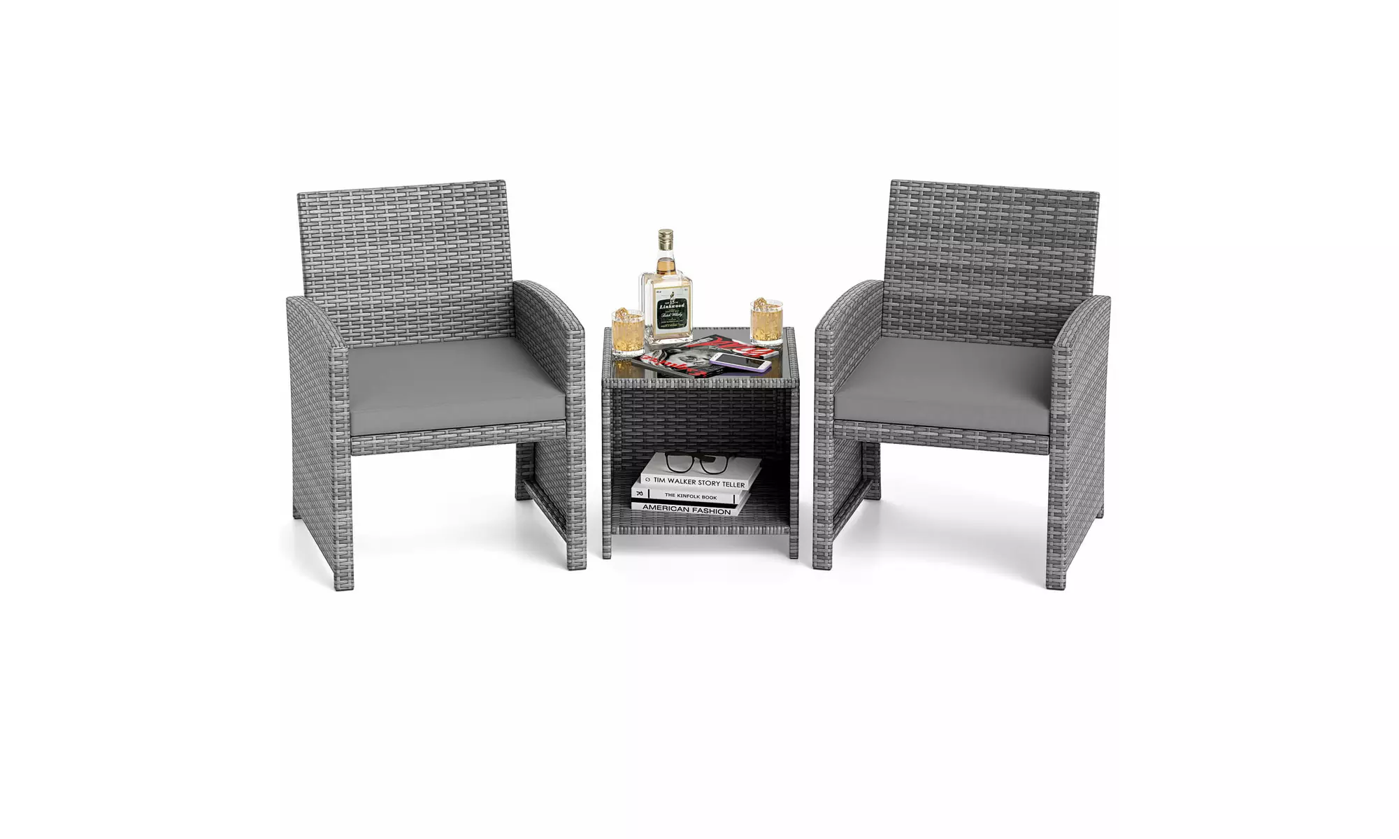 Costway 3-Piece Patio Furniture Set with Tempered Glass Coffee Table