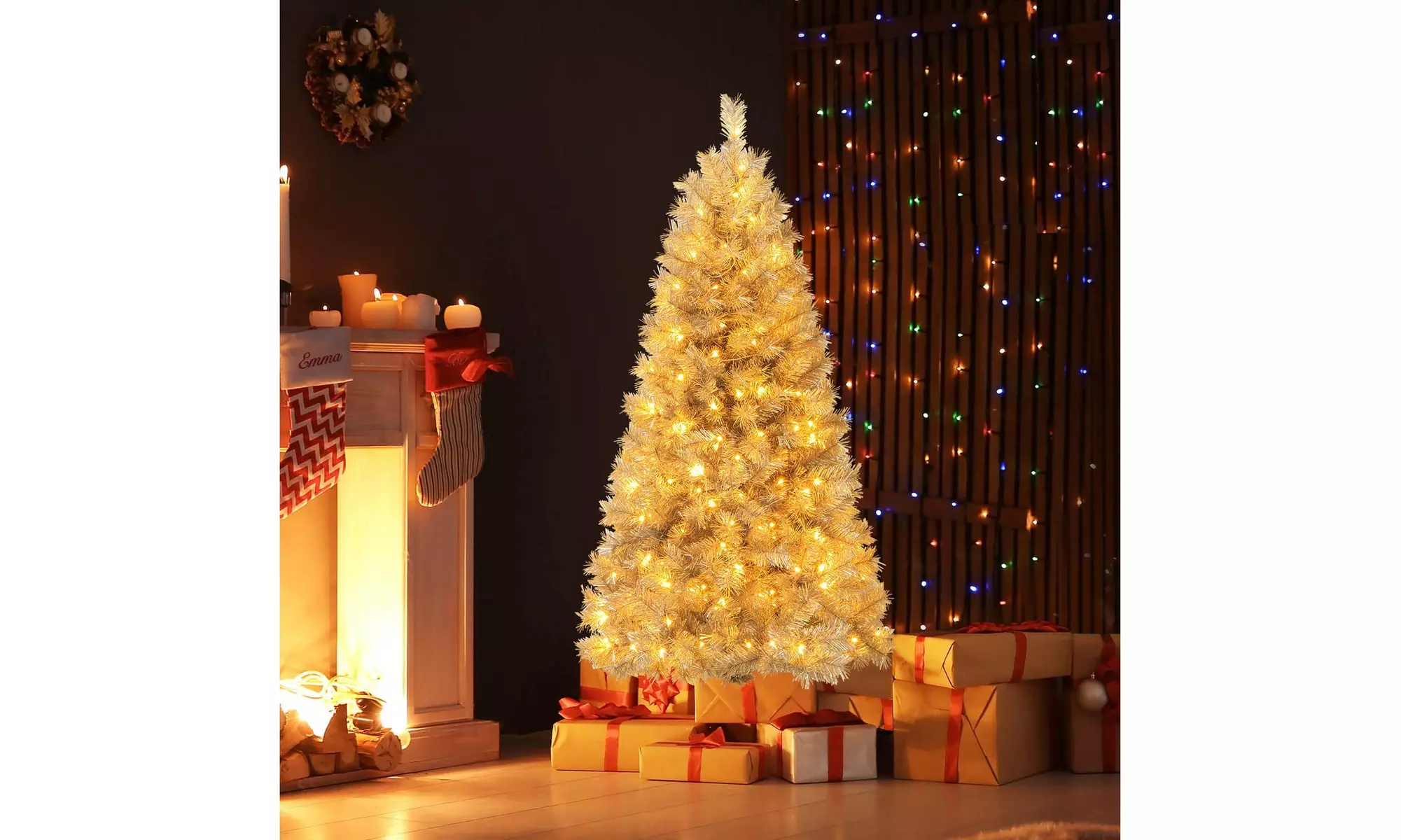 Costway 5/6/7 FT Christmas Tree Artificial Xmas Tree with Branch Tips LED Lights
