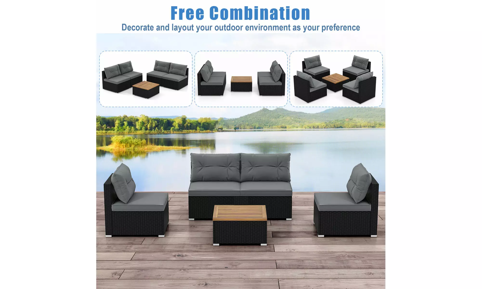 5 Piece Patio Rattan Furniture Set Acacia Wood Table Top Sofa Cushion Deck