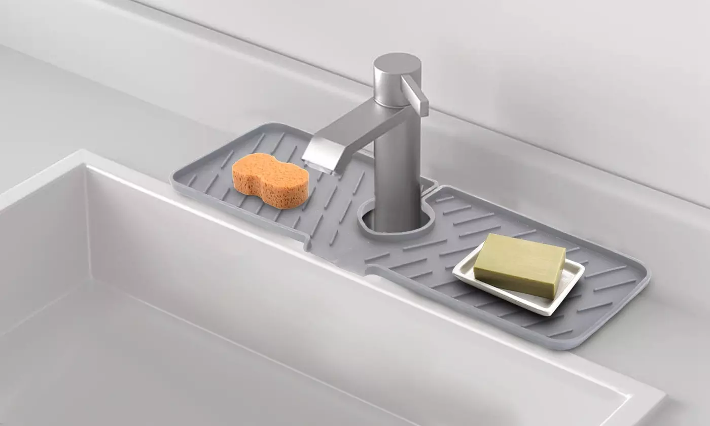 NewHome Silicone Faucet Mat Sink Splash Guard & Drying Pad with Drainage