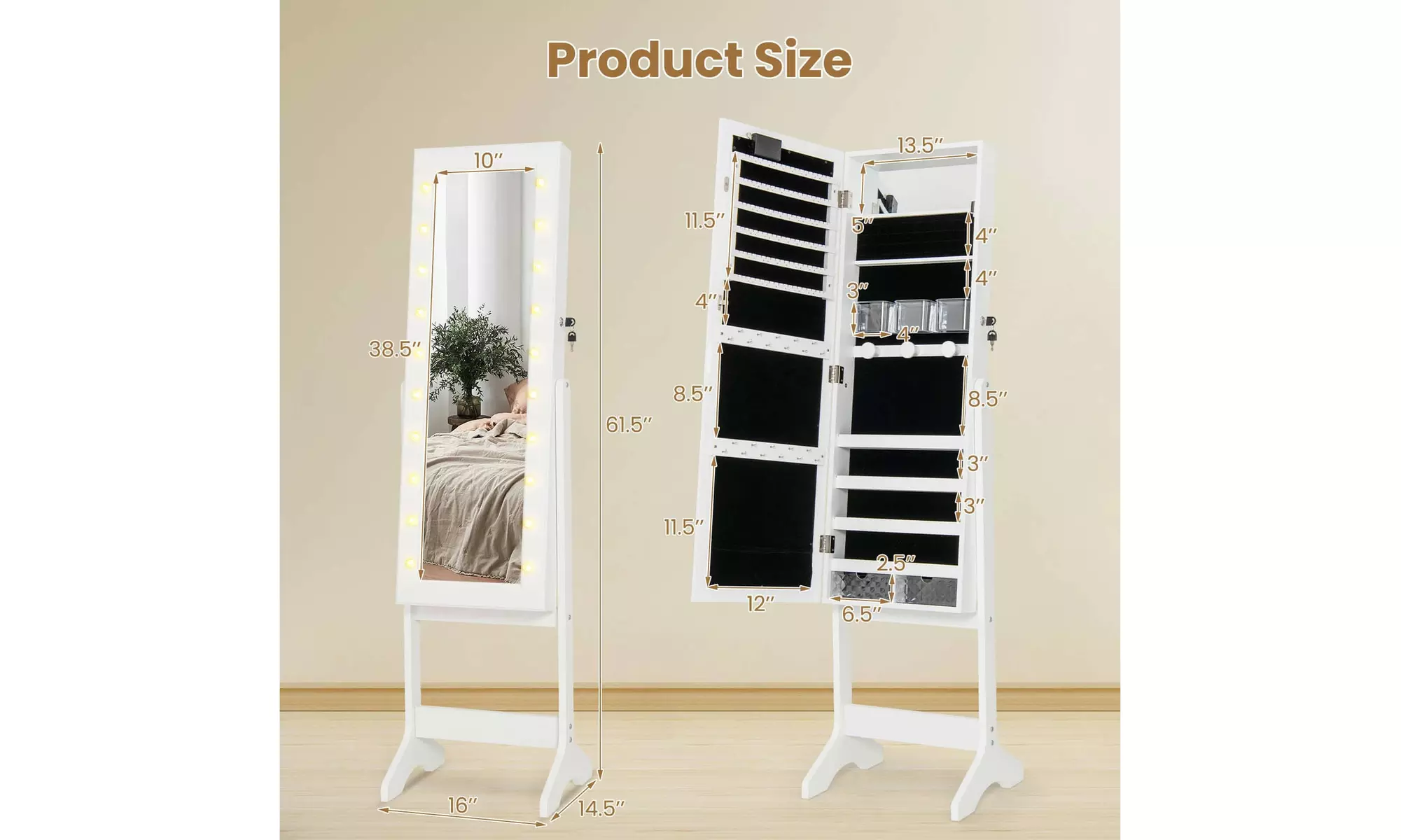 Costway Full-Length LED Mirror Jewelry Cabinet with 20 LED Lights