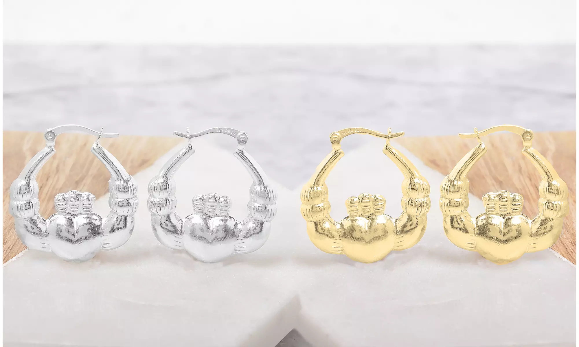 Polished Claddagh Hoop Earrings in Solid Sterling silver - Primary Image