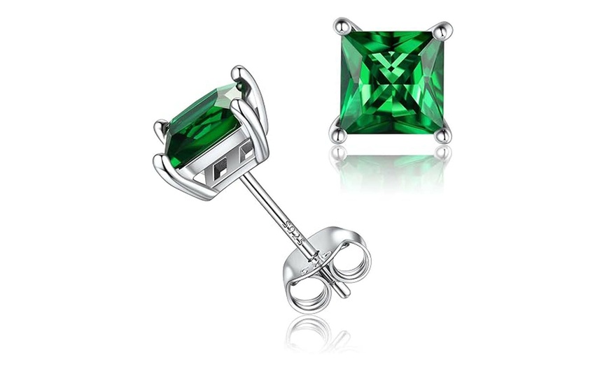 Image 1: Paris Jewelry 14k White Gold Princess 4MM Emerald Gemstone Stud Earrings