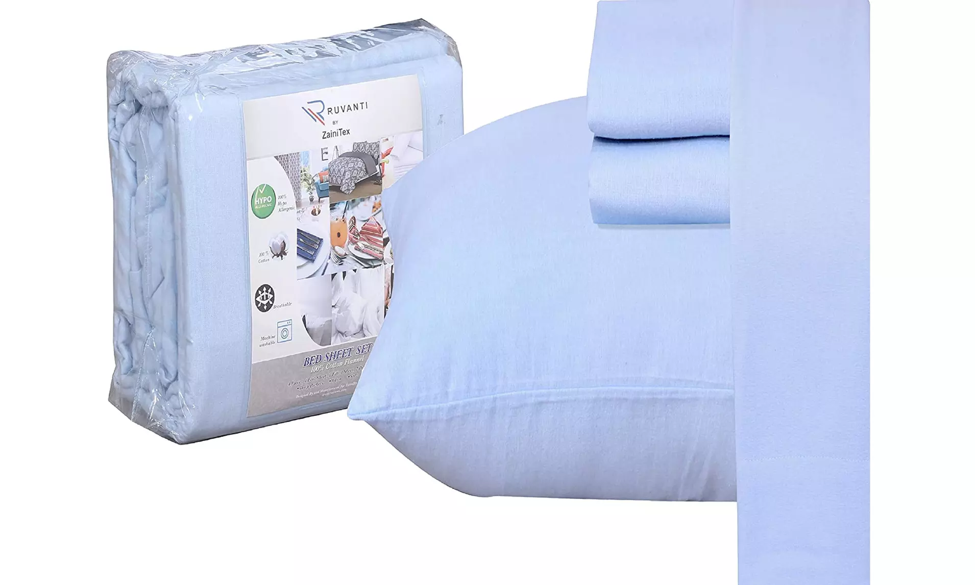 Ruvanti 100% Cotton 4 Pcs Flannel Sheets California King (Blue) - New - Primary Image