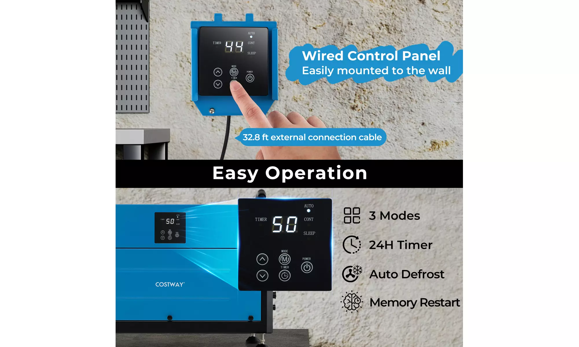 Costway Crawl Space Dehumidifier Commercial Dehumidifier w/ 3 Modes & 24H Timer
