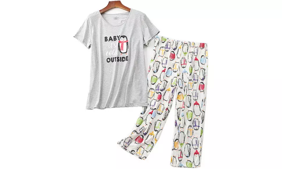 Women Summer Fun Prints Pajama Set Tops Capri Pants Casual Sleepwear