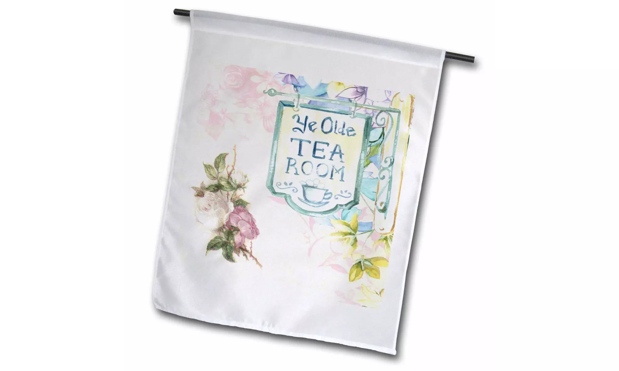  Garden Flag Image of Blue Victorian Teahouse Sign With Roses - 12 by 18-inches - Primary Image