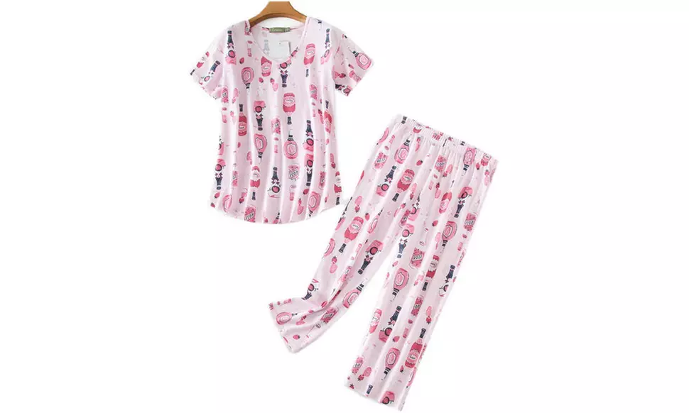 Women Summer Fun Prints Pajama Set Tops Capri Pants Casual Sleepwear