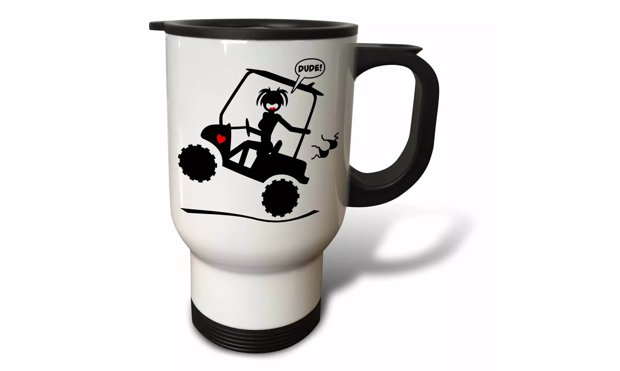  Travel Mug stickgirl wardrobe malfunction while riding a wheelie in a golf car - Primary Image