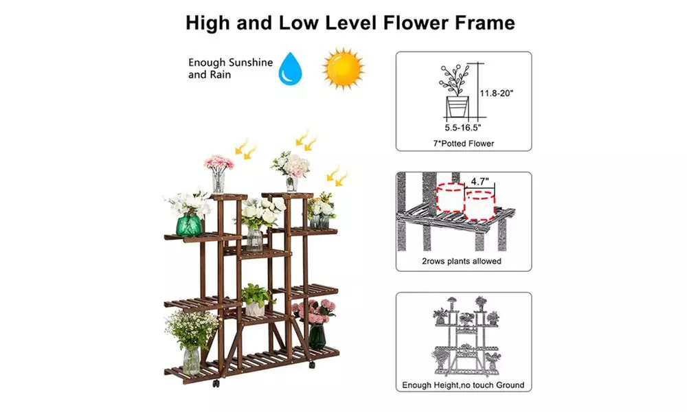 Artisasset 4-Layer 12-Seater Multifunctional Wheel Wooden Plant Stand