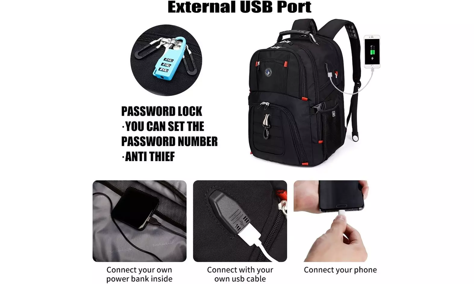 Extra Large 52L Travel Laptop Backpack with USB Charging Port - Second Medium