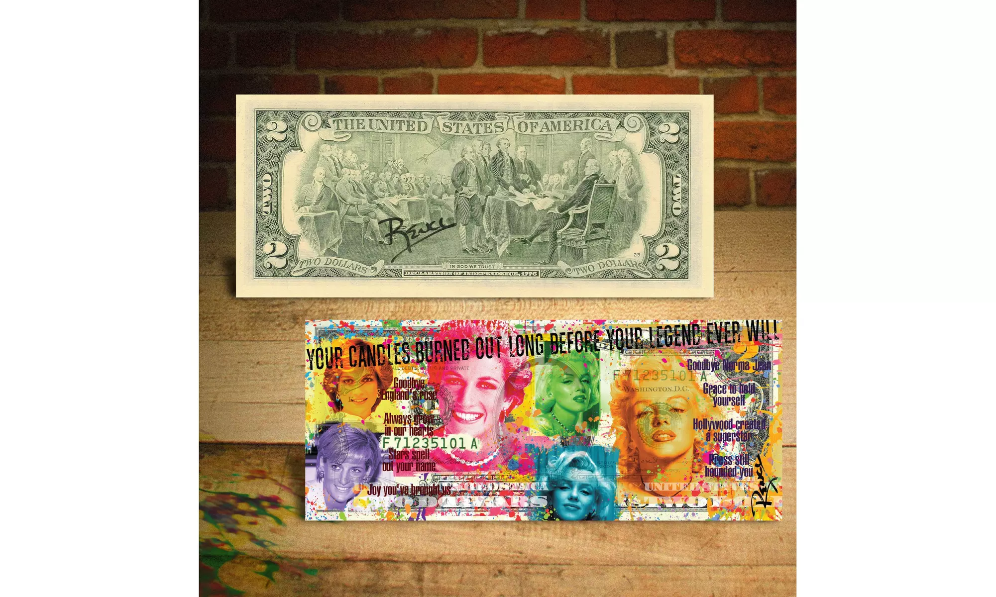 PRINCESS DIANA / MARILYN MONROE Candles in Wind Two-Dollar Bill SIGNED by Rency - Primary Image