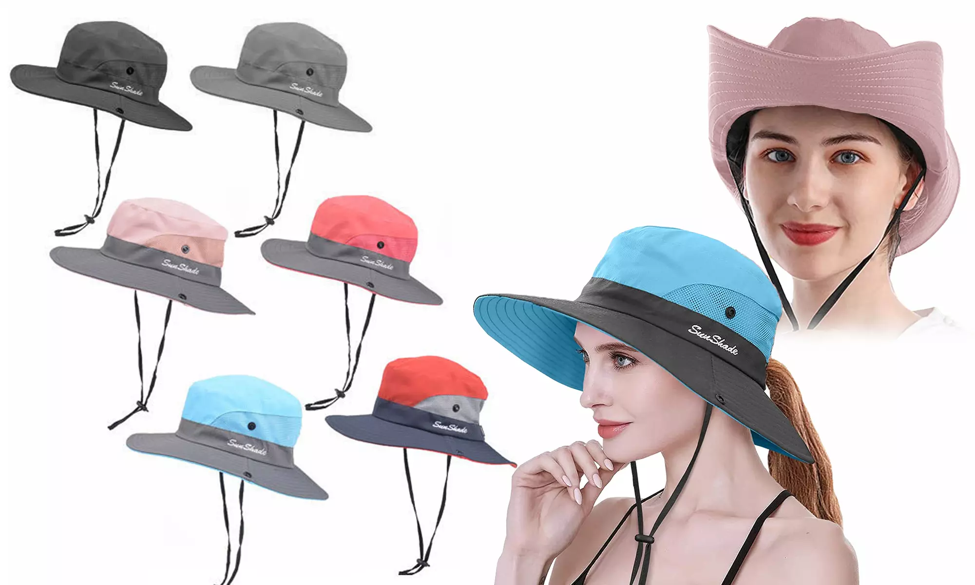 Sun Hats for Women Ponytail Bucket Hat UV Protection Foldable Mesh Fishing Cap - Primary Image