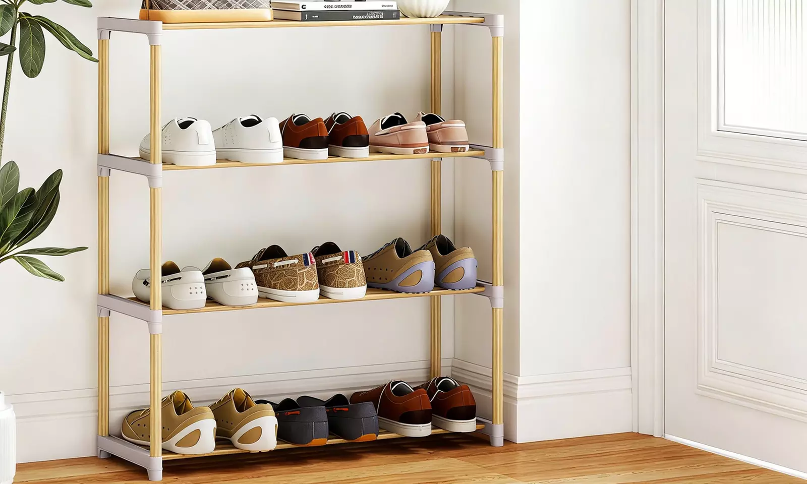 Costway Solid Wood Shoe Shelf Stand with Slatted Open Shelves for Entryway