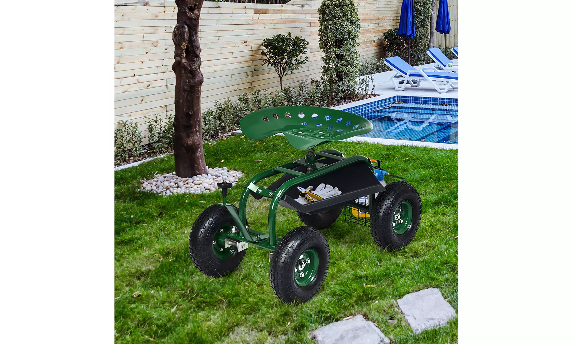 Costway Garden Cart Patio Wagon Rolling Work Seat with Tool Tray Basket Planting