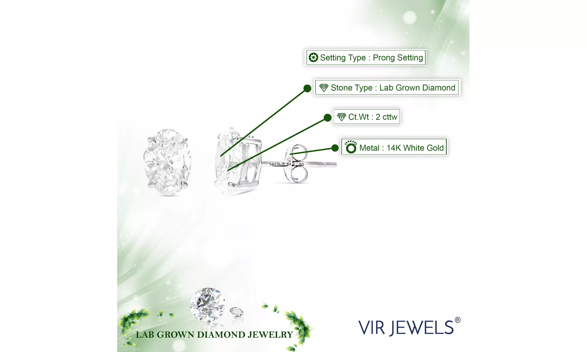 Lab Grown Diamond Stud Earrings Oval Shape in 14K Gold With Butterfly Push Backs