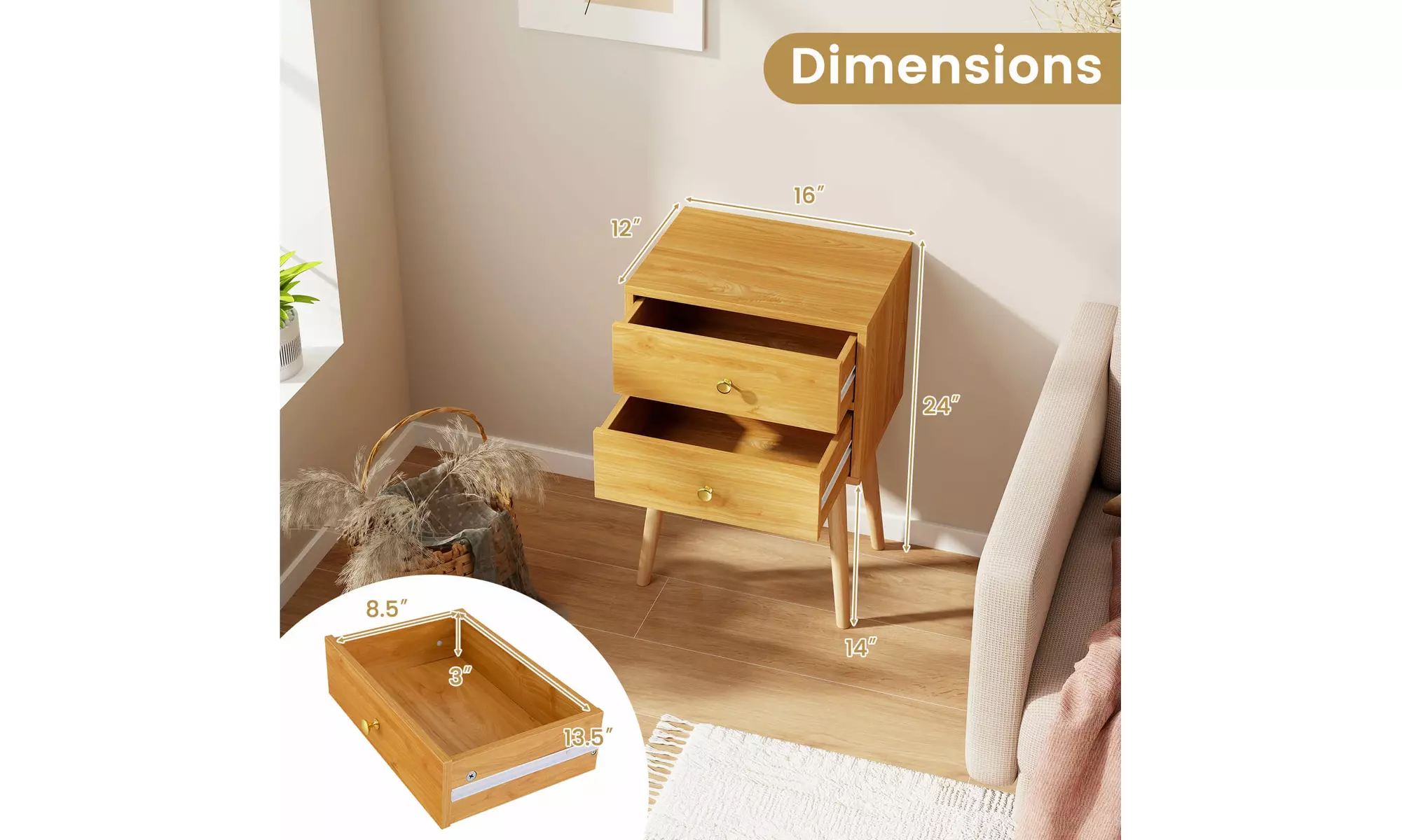 Mid Century Modern 2 Drawers Nightstand Natural Sofa Side End Table 