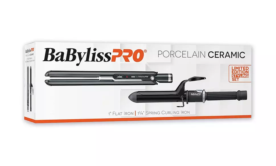 BabylissPRO Porcelain Ceramic 1" Flat Iron and 1 1/4" Spring Curling Iron Set