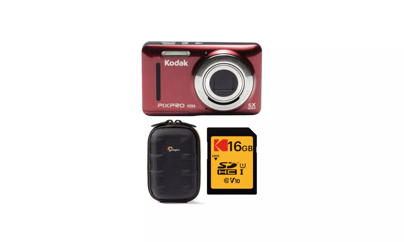 Kodak PIXPRO Friendly Zoom FZ53 Digital Camera (Red) with Case and Memory Card - Primary Image