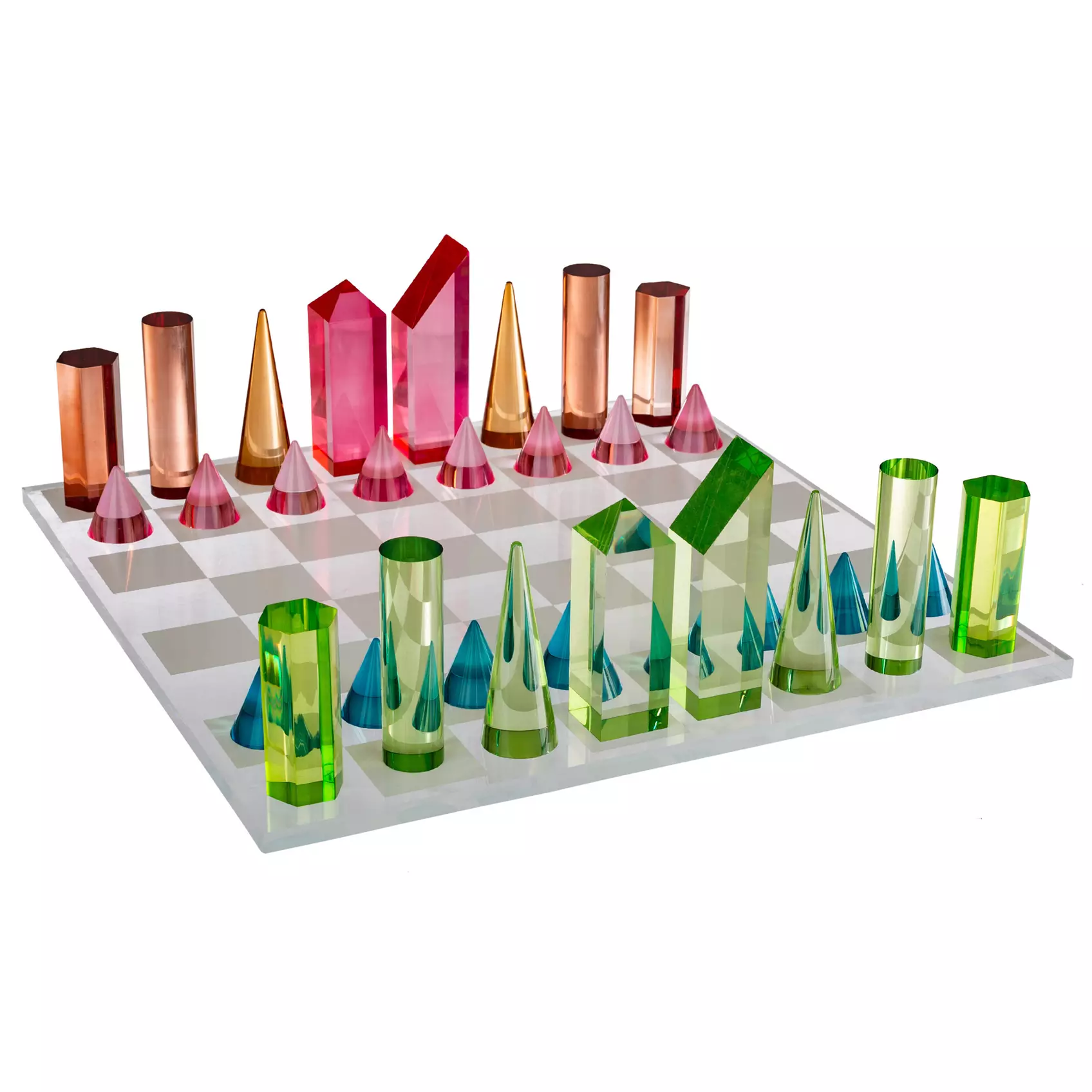 Modern Chess Set, Acrylic Chess Board with 32 Colorful Game Pieces 