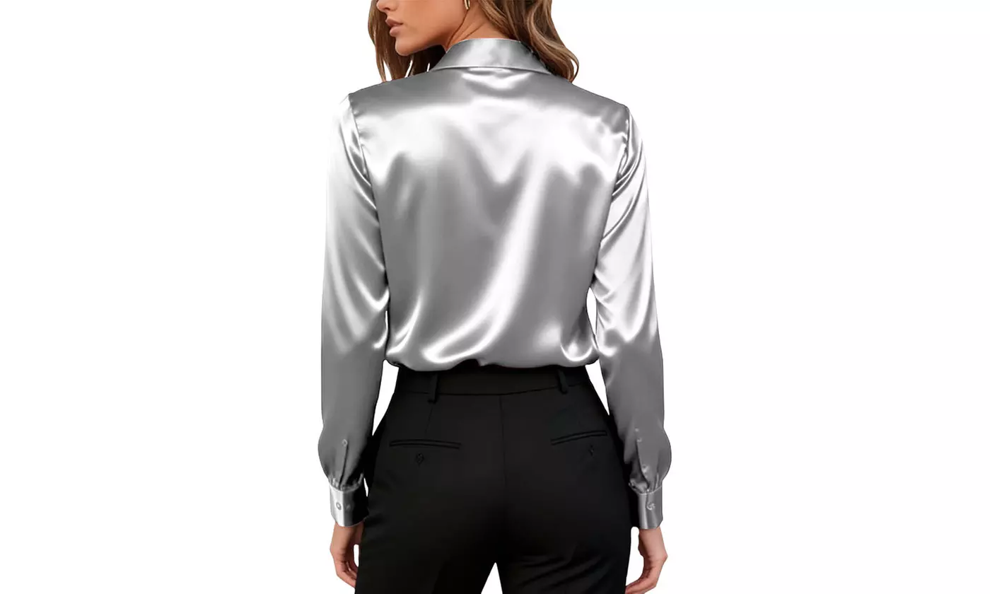 Women's Satin Button-Down Shirt Wrinkle-Free Soft Long Sleeve Blouse
