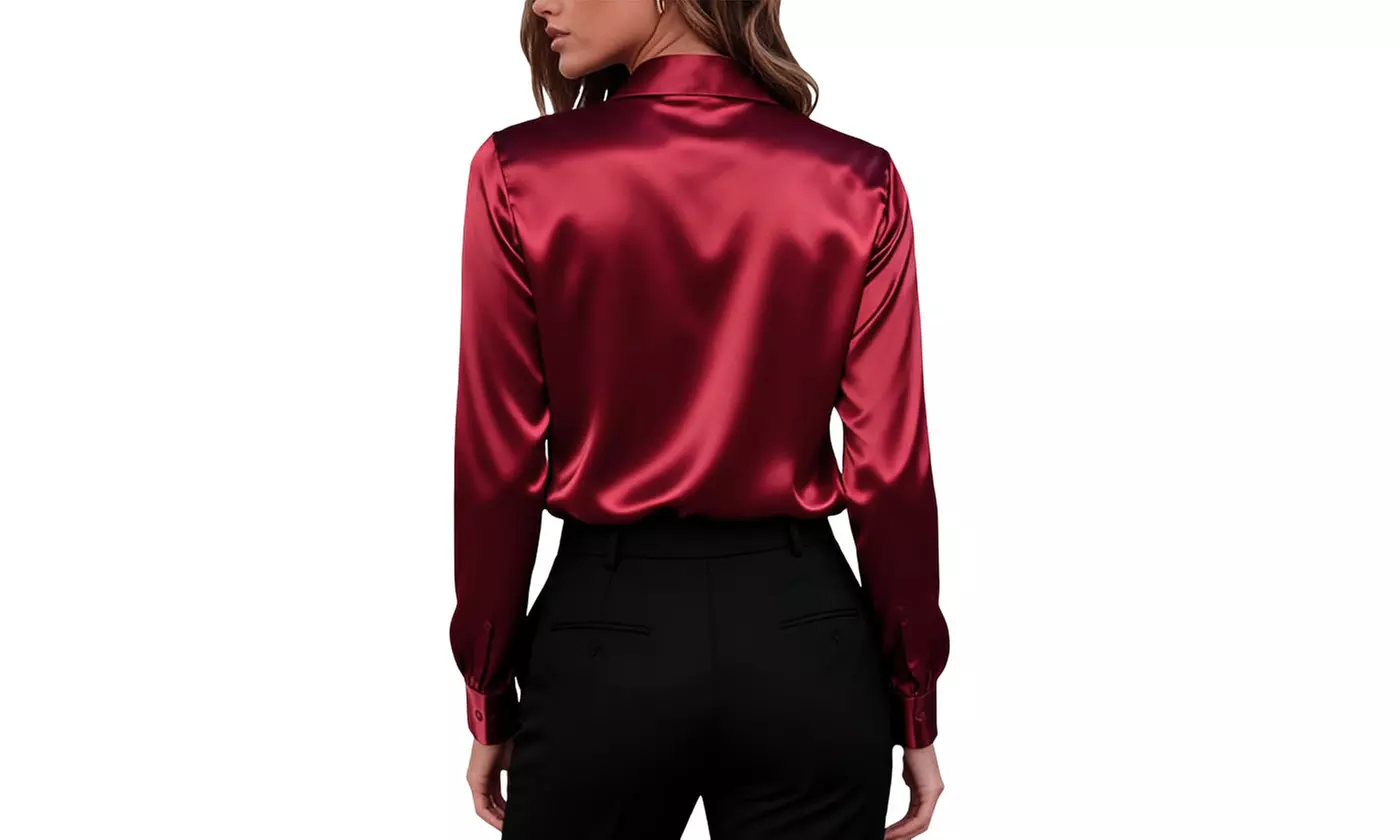 Women's Satin Button-Down Shirt Wrinkle-Free Soft Long Sleeve Blouse