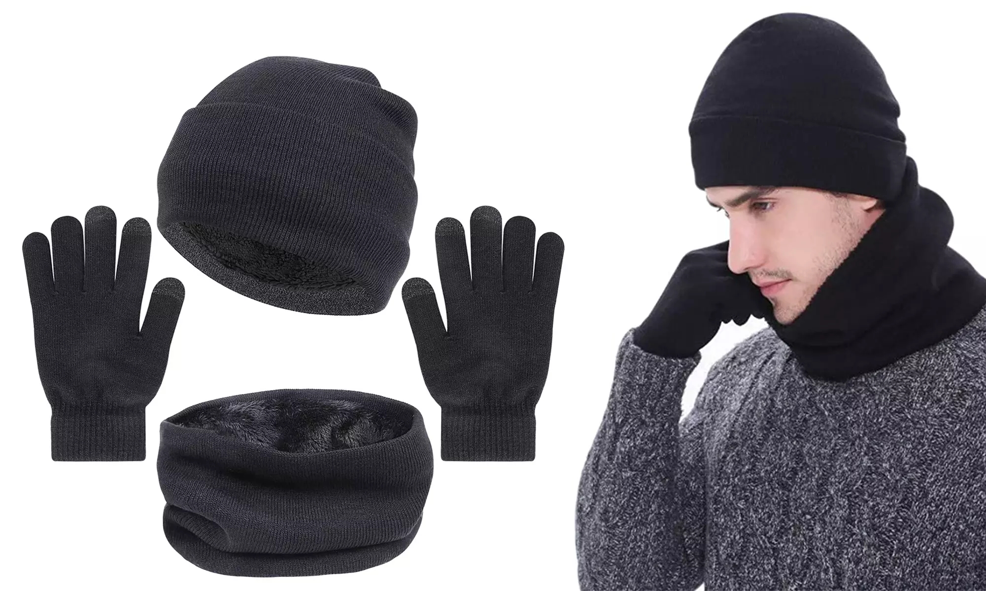 3 PCS Winter Beanie Hat Scarf Touchscreen Gloves for Men Women Knit Scarf Cap