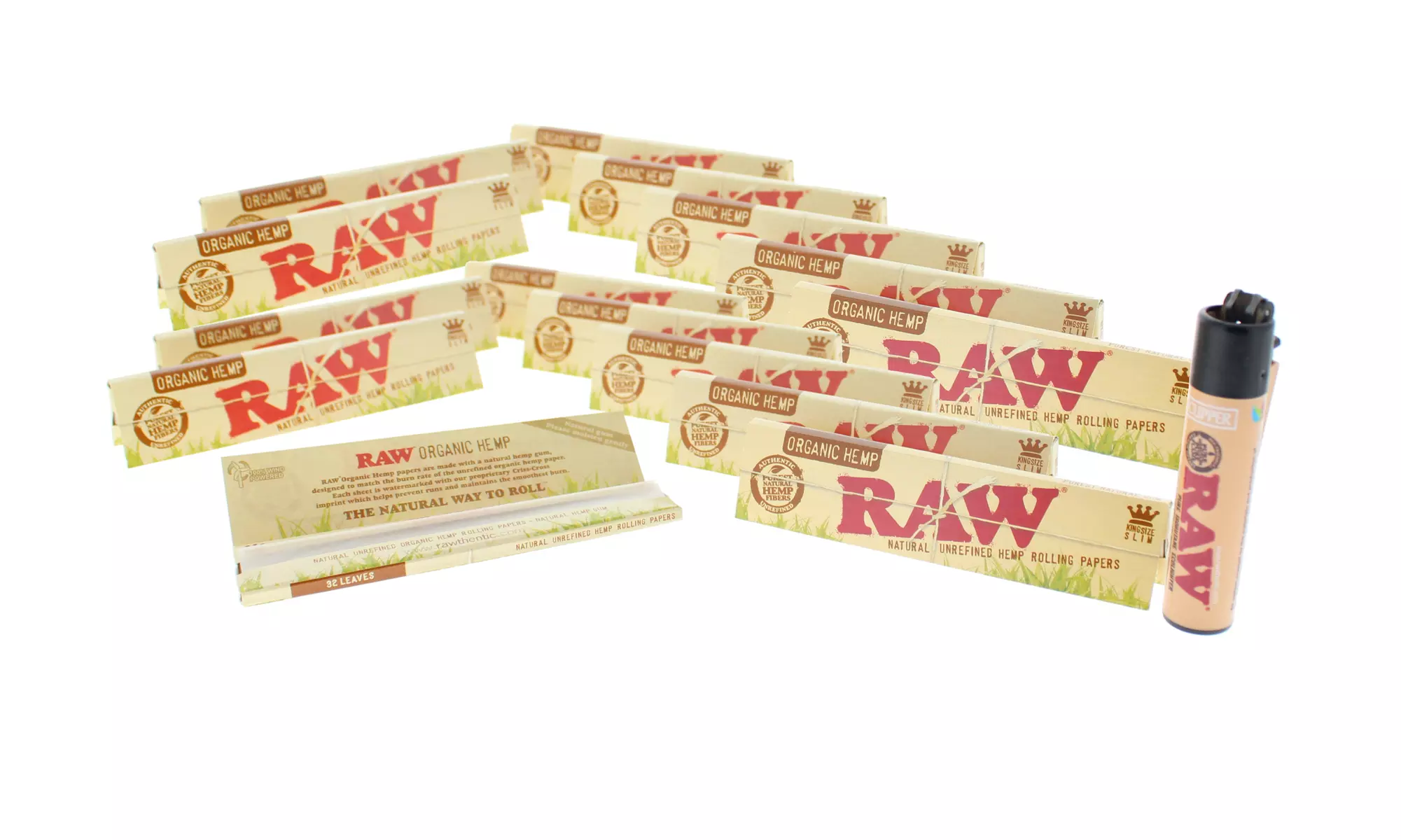 RAW Organic Hemp King Size Slim Unrefined Natural Rolling Papers with Lighter - Second Medium