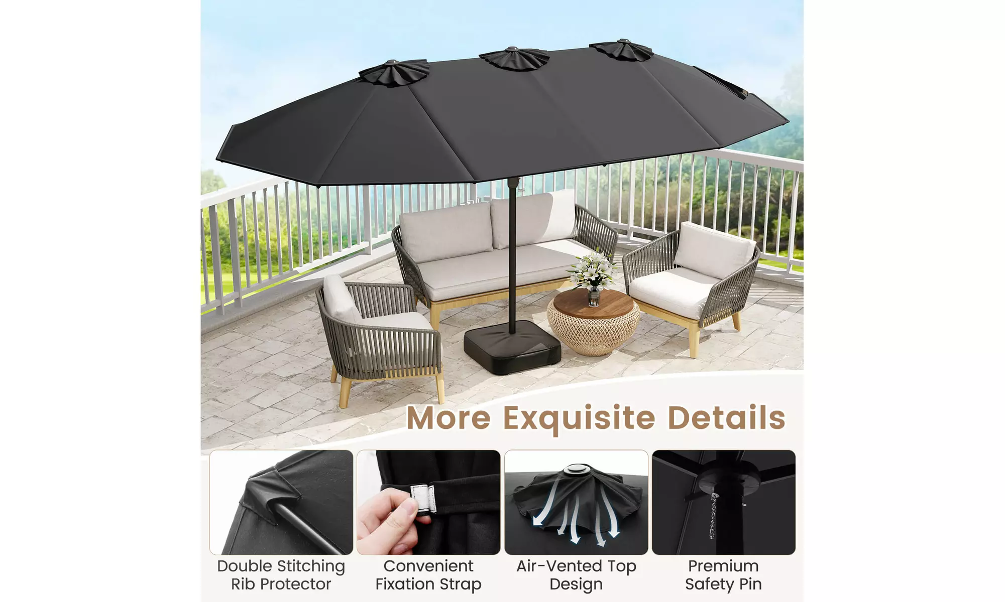 15FT Double-Sided Twin Patio Umbrella Sun Shade Outdoor Crank Market