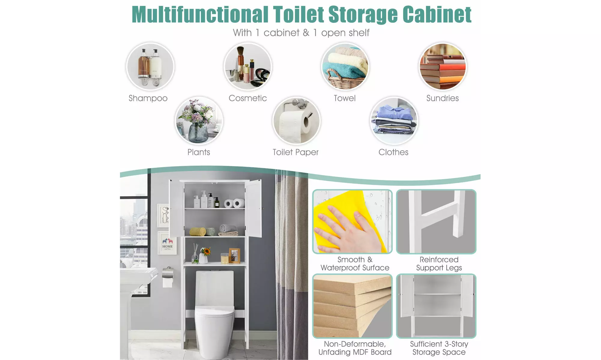 Over The Toilet Storage Cabinet Double Door Bathroom Organizer Adjustable Shelf 