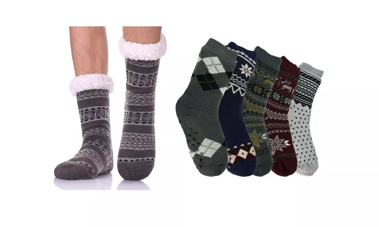 (3-Pairs) Men's Assorted Soft Sherpa Slipper Socks - Primary Image