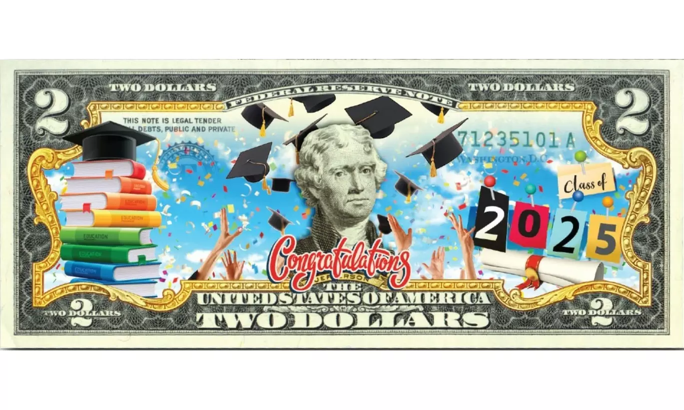 Happy Graduation 2025 Genuine Two Dollar Bill with Diploma Style Certificate