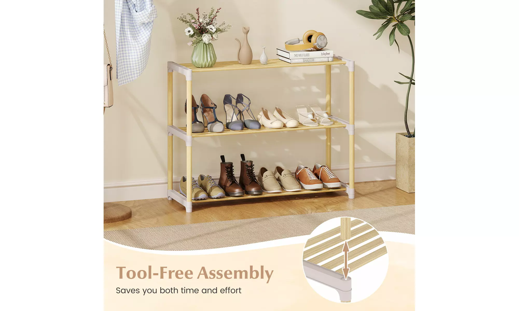 Costway Solid Wood Shoe Shelf Stand with Slatted Open Shelves for Entryway