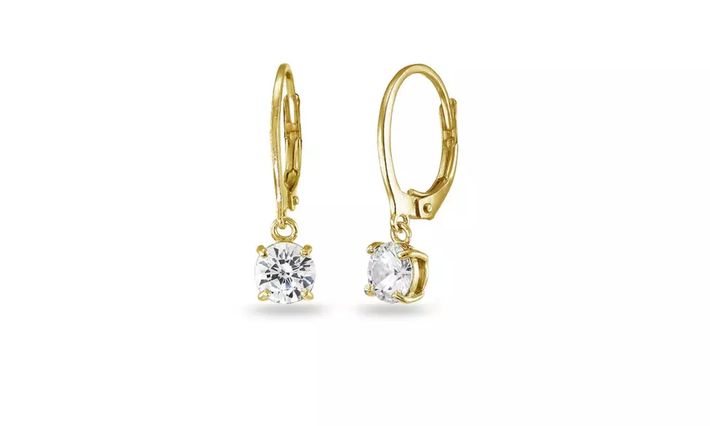 Gold Flashed Silver Cubic Zirconia 6mm Round Dangle Leverback Earrings