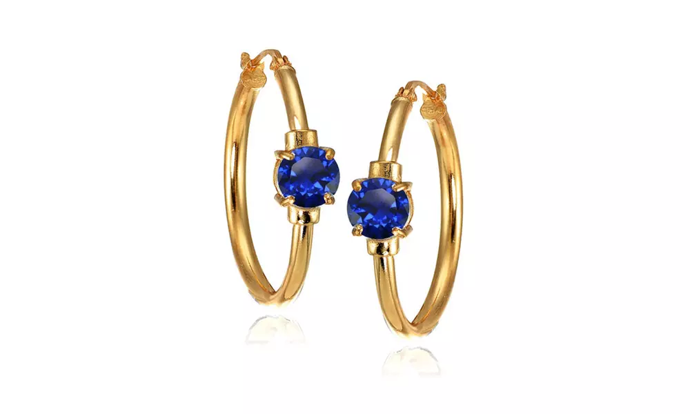 Rose Gold Flashed 925 Silver Created Blue Sapphire Solitaire 25mm Hoop Earrings