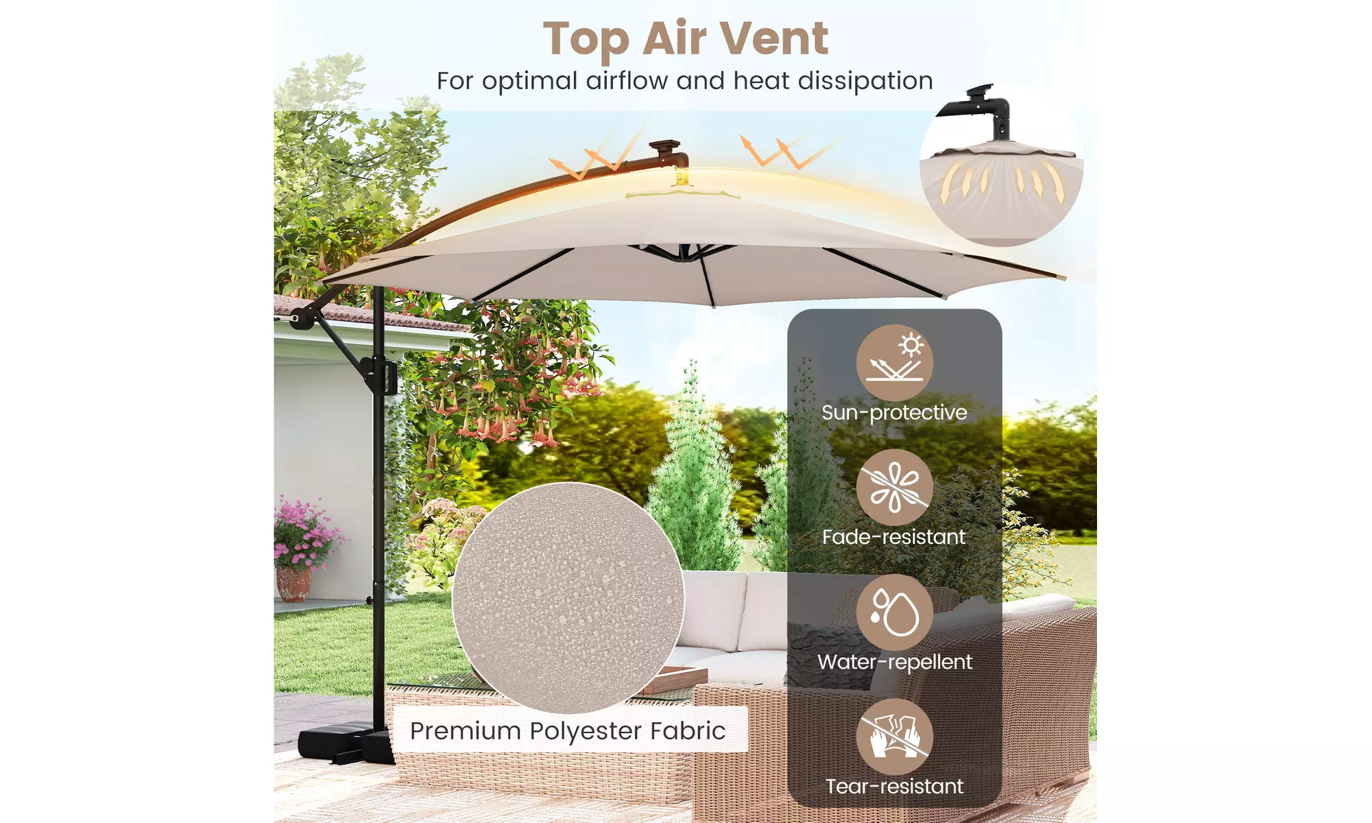 Costway 10 FT Solar Offset Hanging Umbrella with Base