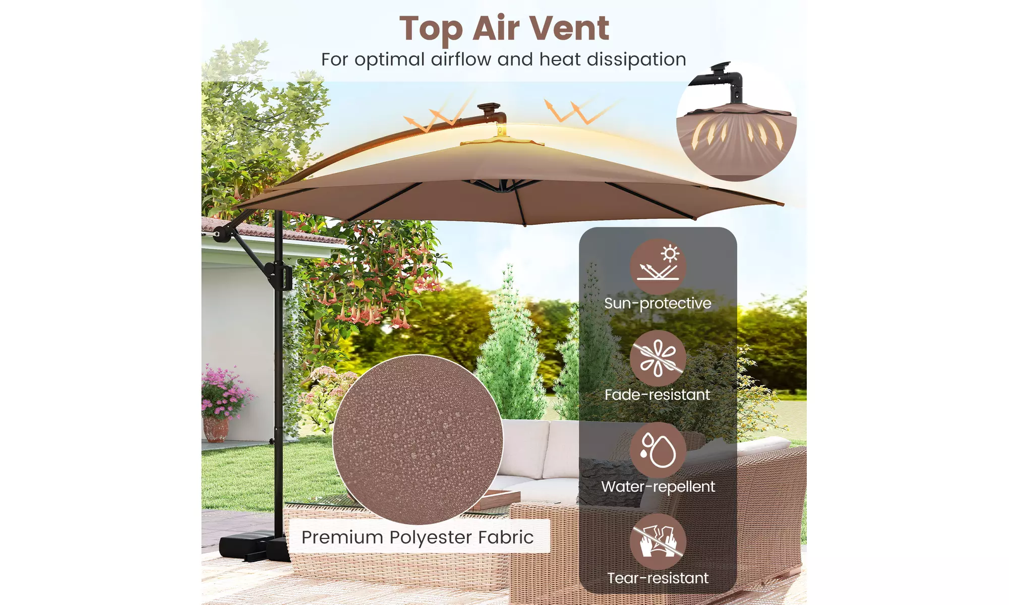 Costway 10 FT Solar Offset Hanging Umbrella with Base